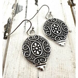 Ornamental Engraved Silver Tone Teardrop Earrings Ornaments